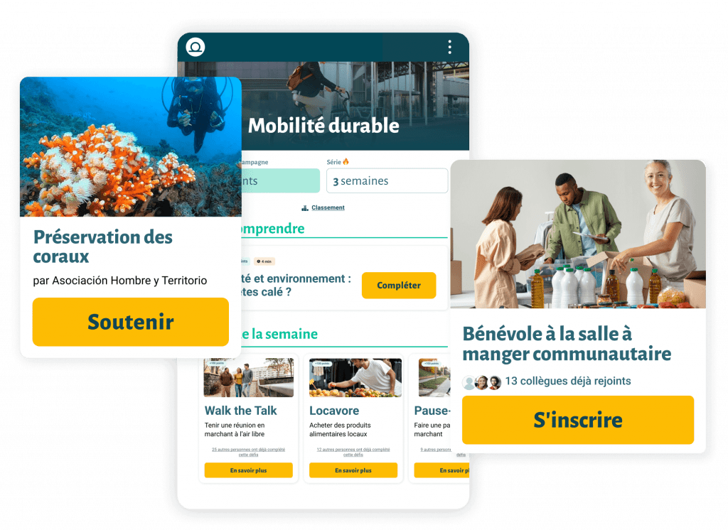 Interface de la plateforme Noos présentant les défis, les projets et les missions de volontariat